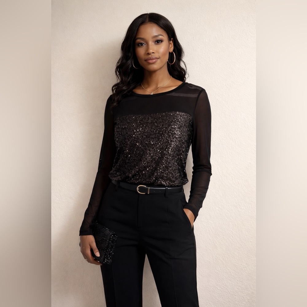 INC International Concepts Black Sequin Long Sleeve Top